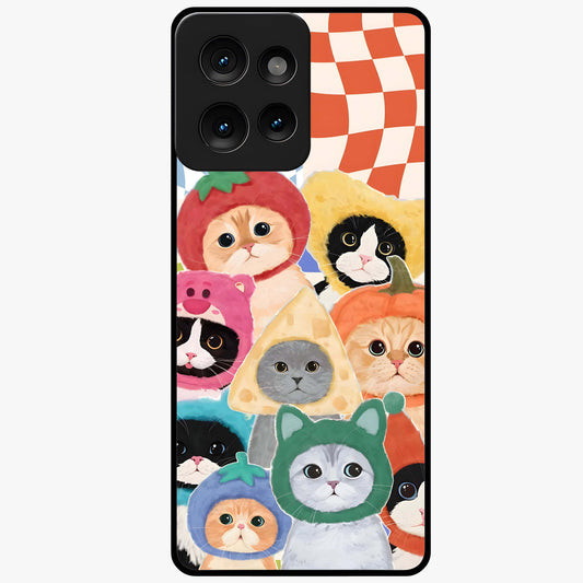 Cats in Fruits Glass Case showing flat back view with playful cat illustrations inside fruit artwork and glossy glass finish.