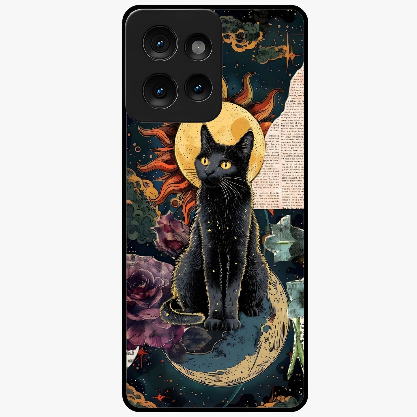 Celestial Black Cat Glass Case showing flat back view with mystical black cat artwork and glossy glass finish.