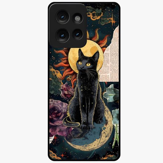 Celestial Black Cat Glass Case showing flat back view with mystical black cat artwork and glossy glass finish.