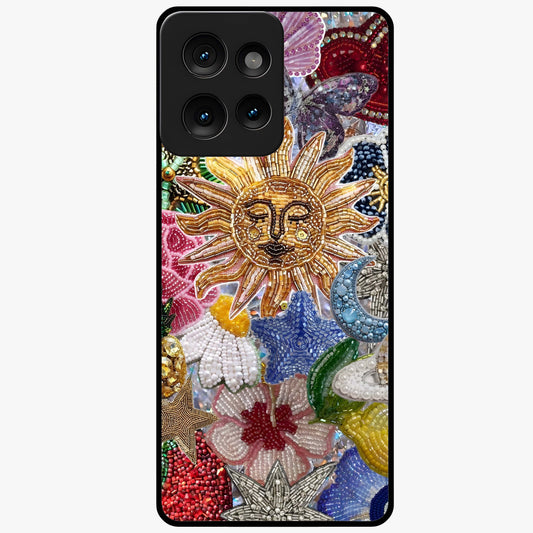 Celestial Floral and Playful Glass Case showing flat back view with floral and celestial themed artwork and glossy glass finish.