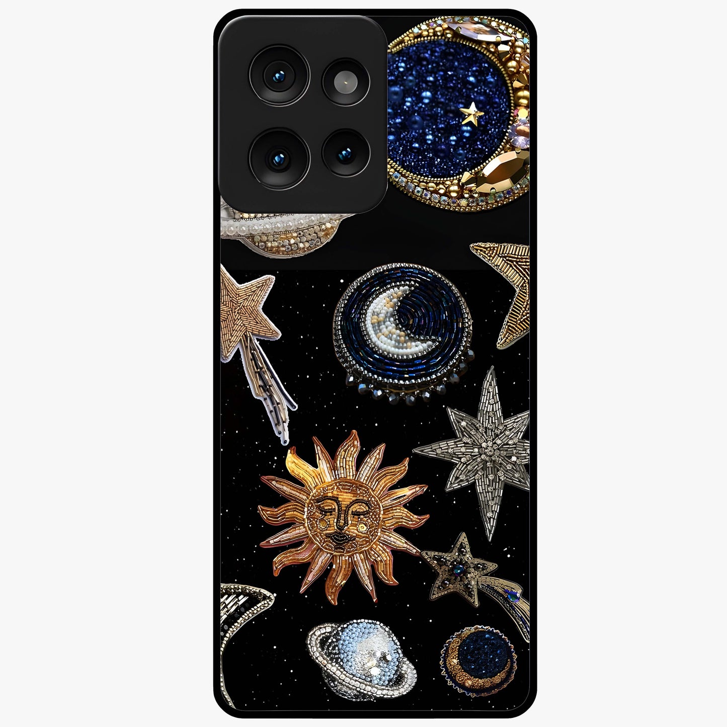 Celestial Gem Constellations Glass Case showing flat back view with sparkling constellation artwork and glossy glass finish.