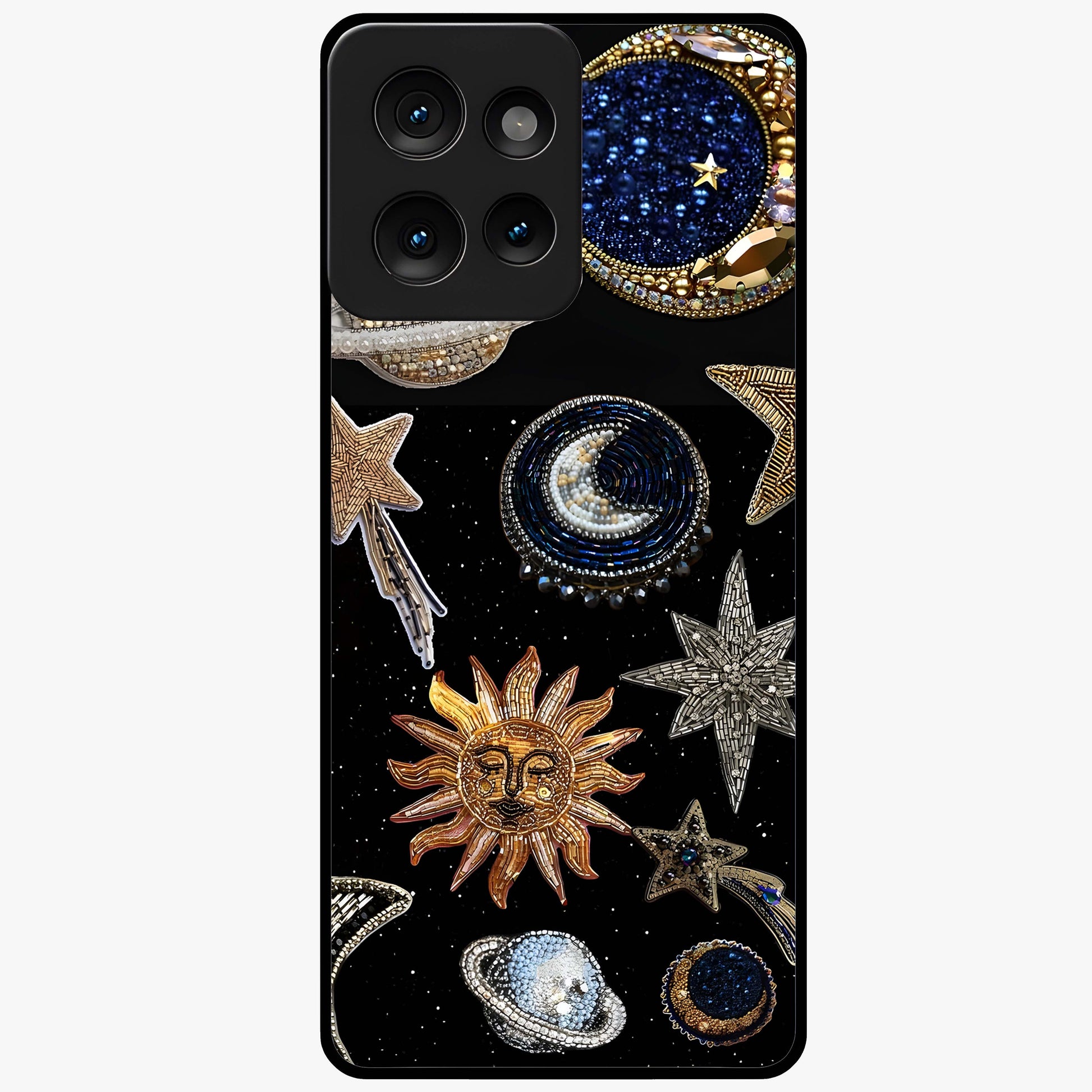 Celestial Gem Constellations Glass Case showing flat back view with sparkling constellation artwork and glossy glass finish.