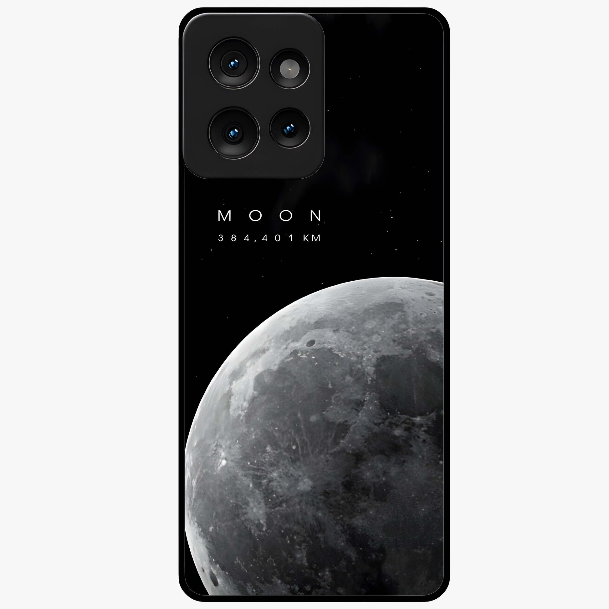 Cosmic Moon Glow Glass Case showing flat back view with glowing moon artwork and glossy glass finish.