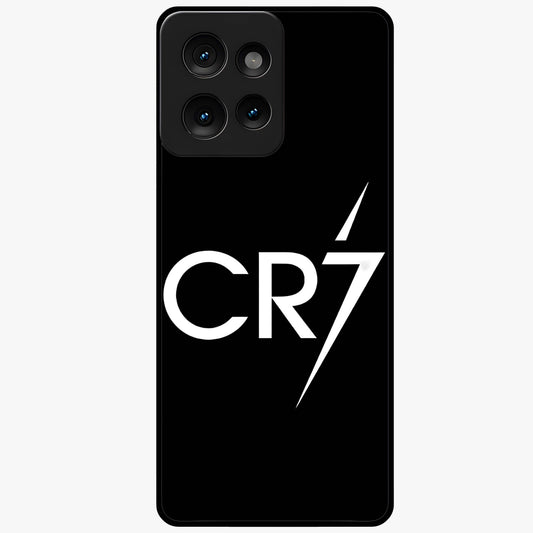 Cr7 Elite Strike Glass Case showing flat back view with dynamic football inspired artwork and glossy glass finish.