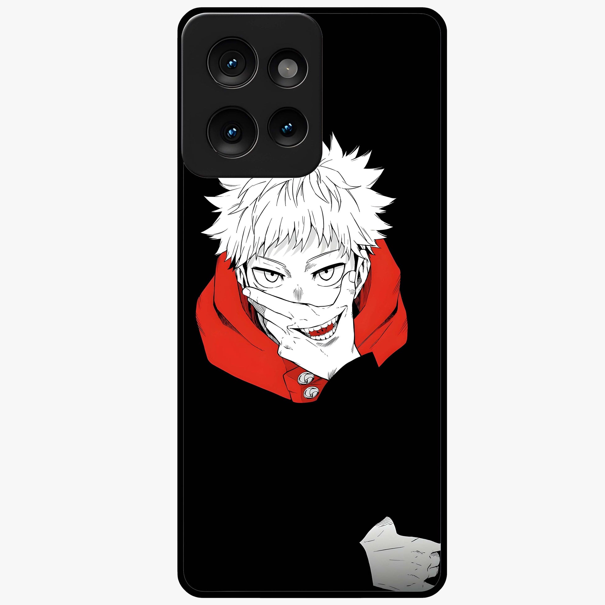 Crimson Chaos Smile Glass Case showing flat back view with bold chaotic smile artwork and glossy glass finish.
