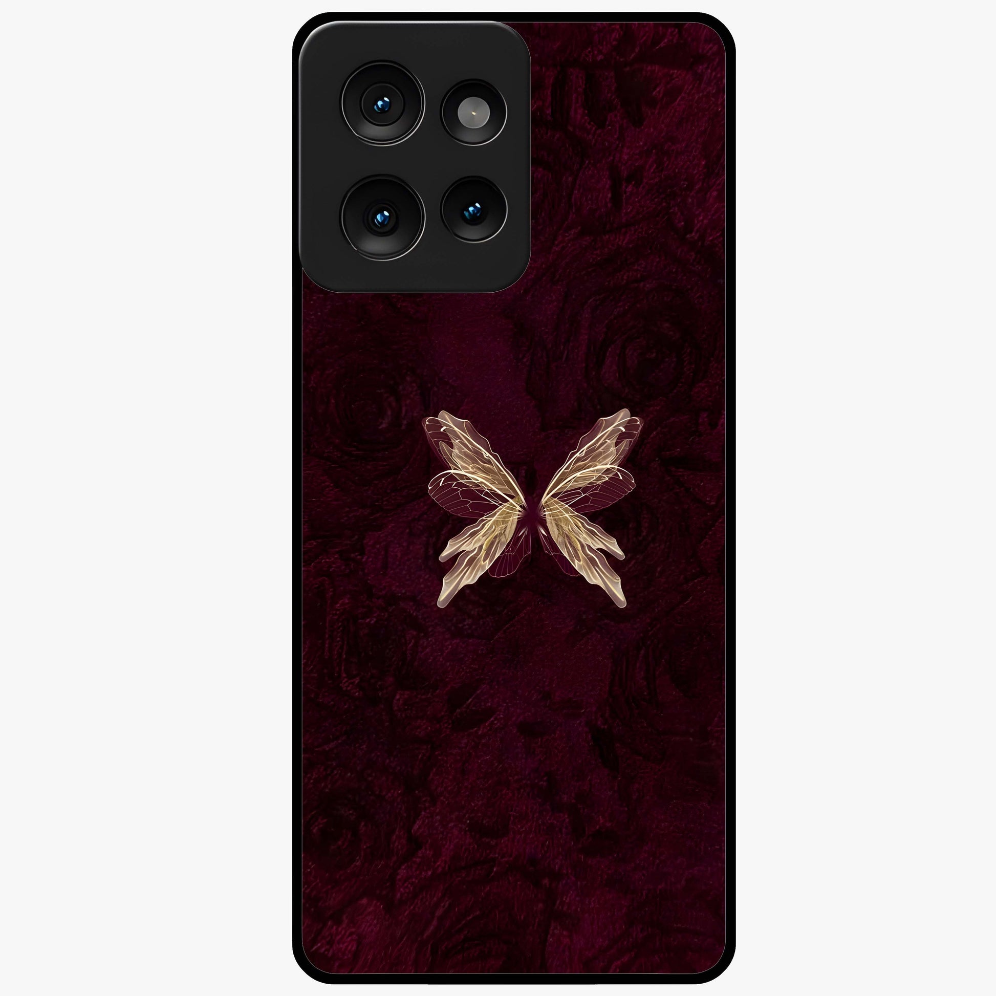 Crimson Fade Butterfly Glass Case showing flat back view with fading butterfly artwork and glossy glass finish.