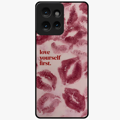 Crimson Kiss Love Glass Case showing flat back view with romantic crimson themed artwork and glossy glass finish.