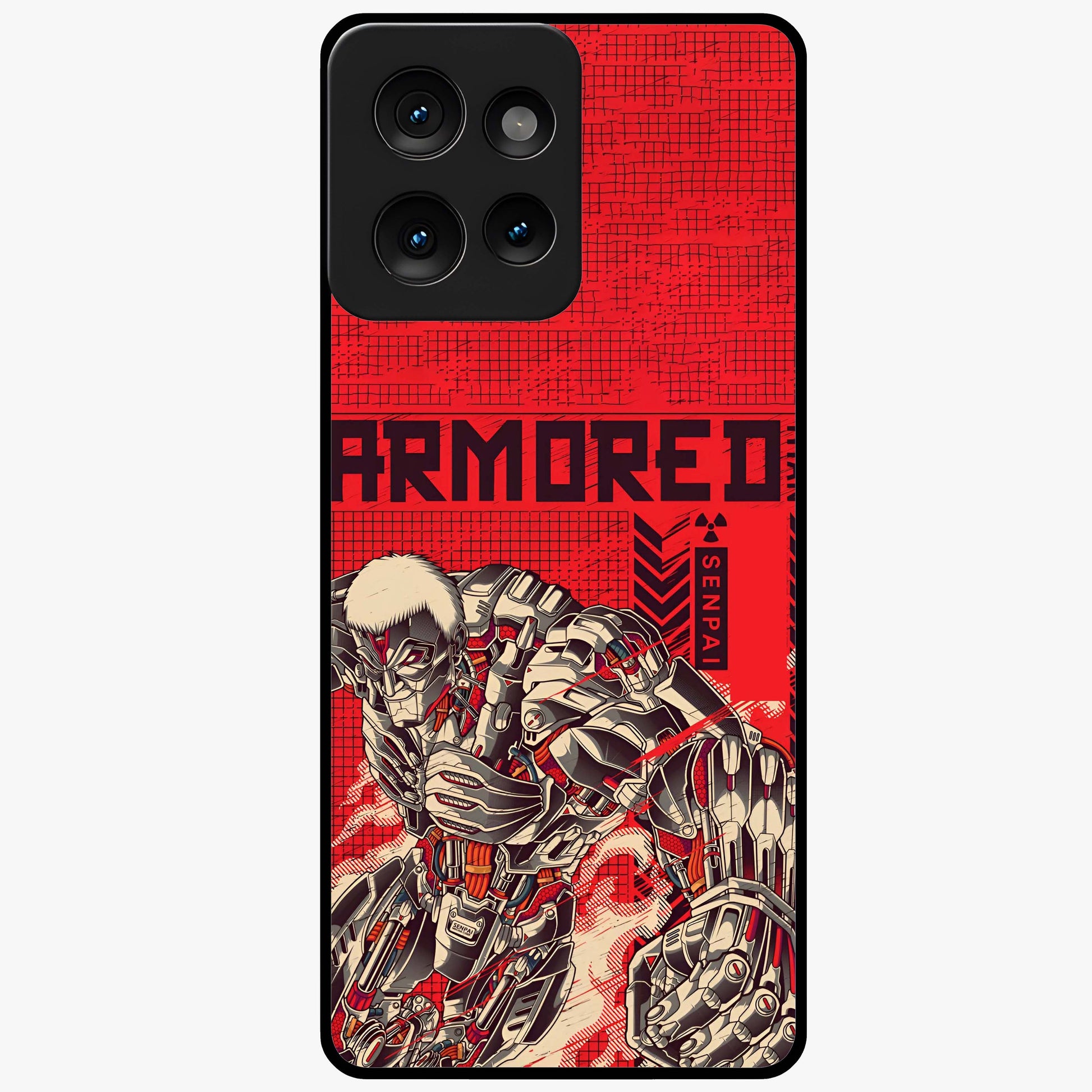 Crimson Mecha Titan Glass Case showing flat back view with powerful mech titan artwork and glossy glass finish.
