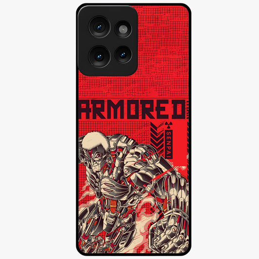 Crimson Mecha Titan Glass Case showing flat back view with powerful mech titan artwork and glossy glass finish.