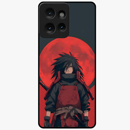 Crimson Moon Warlord Glass Case showing flat back view with mystical moon warrior artwork and glossy glass finish.