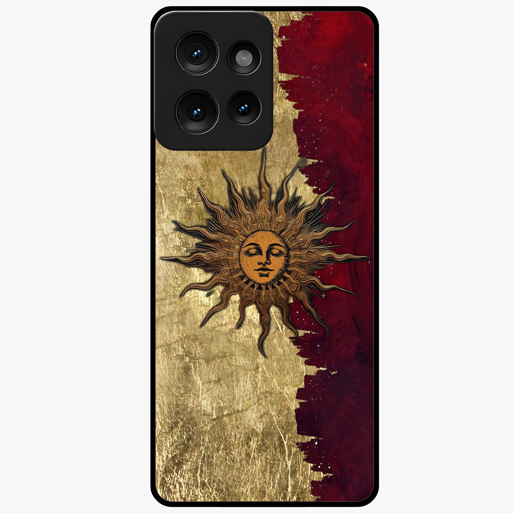 Crimson Sun Majesty Glass Case showing flat back view with radiant sun inspired artwork and glossy glass finish.