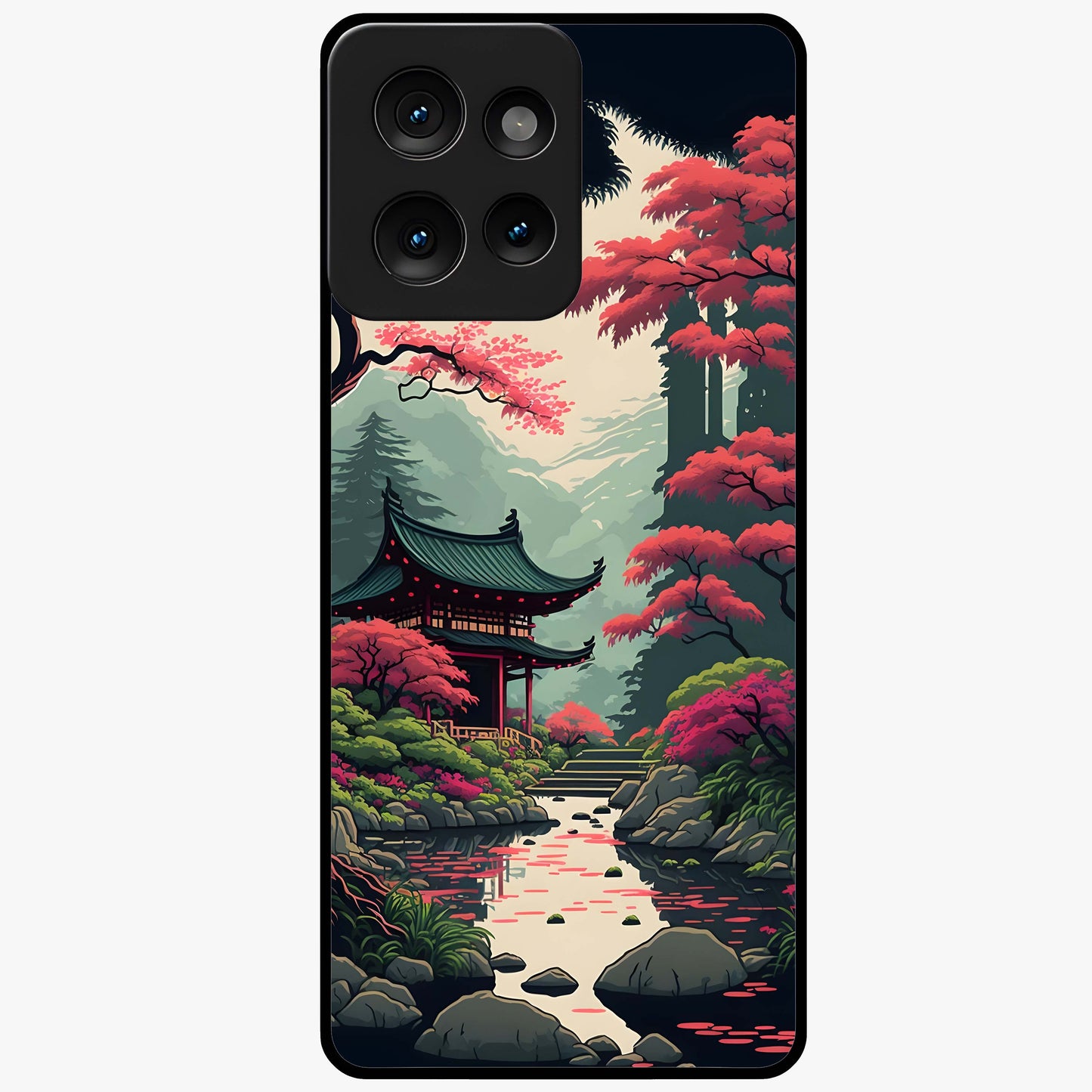 Crimson Temple View Glass Case showing flat back view with temple inspired artwork and glossy glass finish.