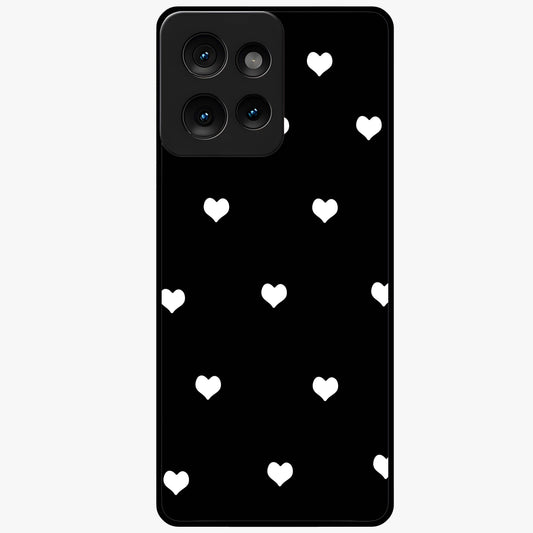 Cute And Simple White Hearts Glass Case showing flat back view with minimal white heart pattern and glossy glass finish.