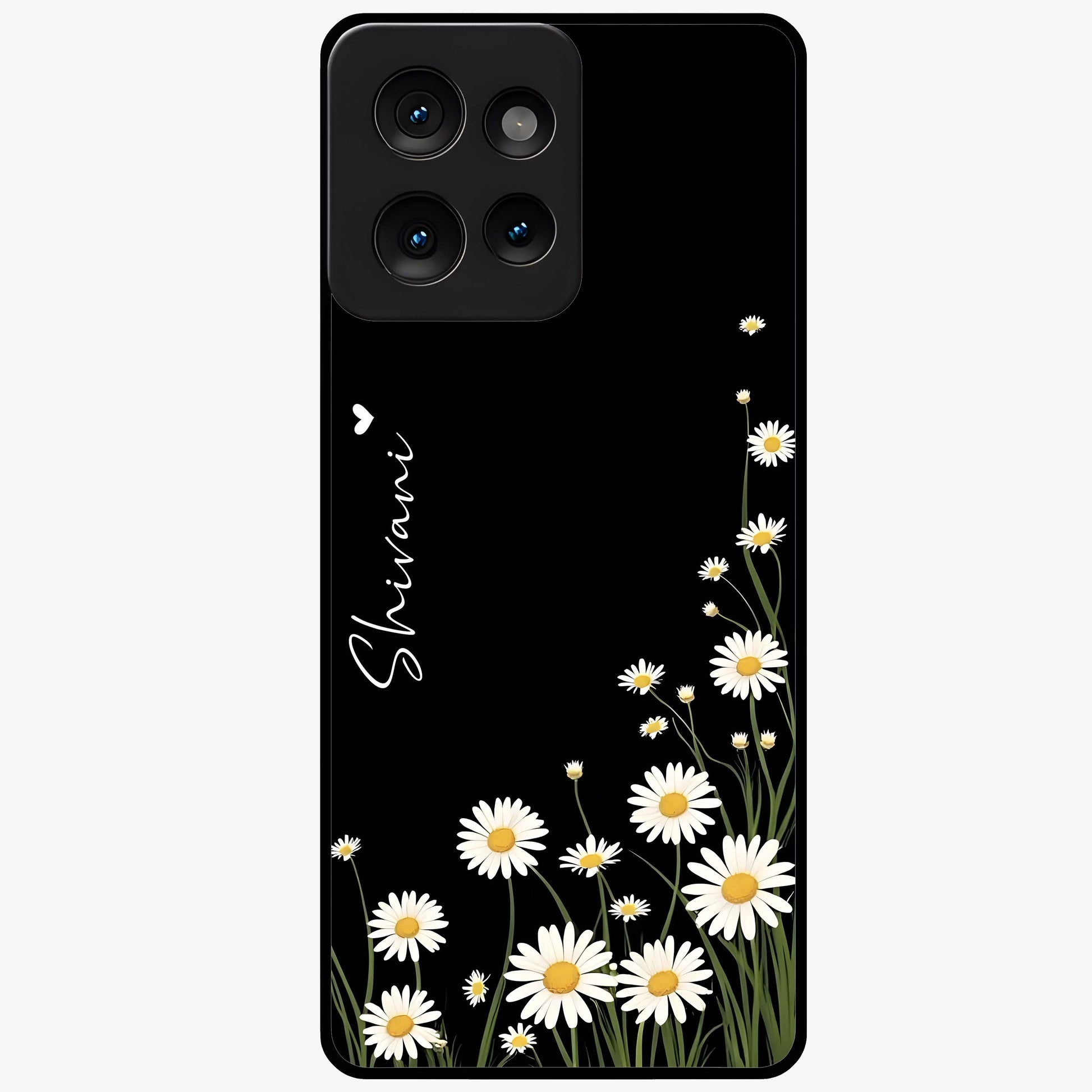 Daisy Cascade Custom Name Glass Case showing flat back view with cascading daisy flowers and personalized name design.