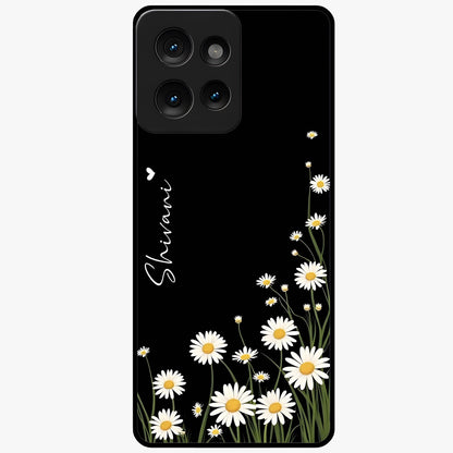 Daisy Cascade Custom Name Glass Case showing flat back view with cascading daisy flowers and personalized name design.