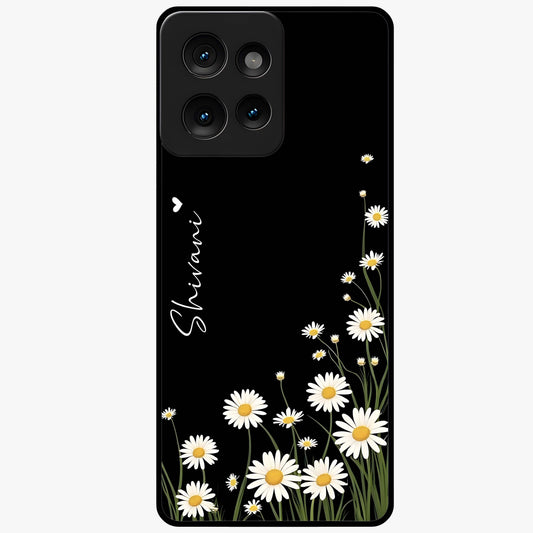 Daisy Cascade Custom Name Glass Case showing flat back view with cascading daisy flowers and personalized name design.