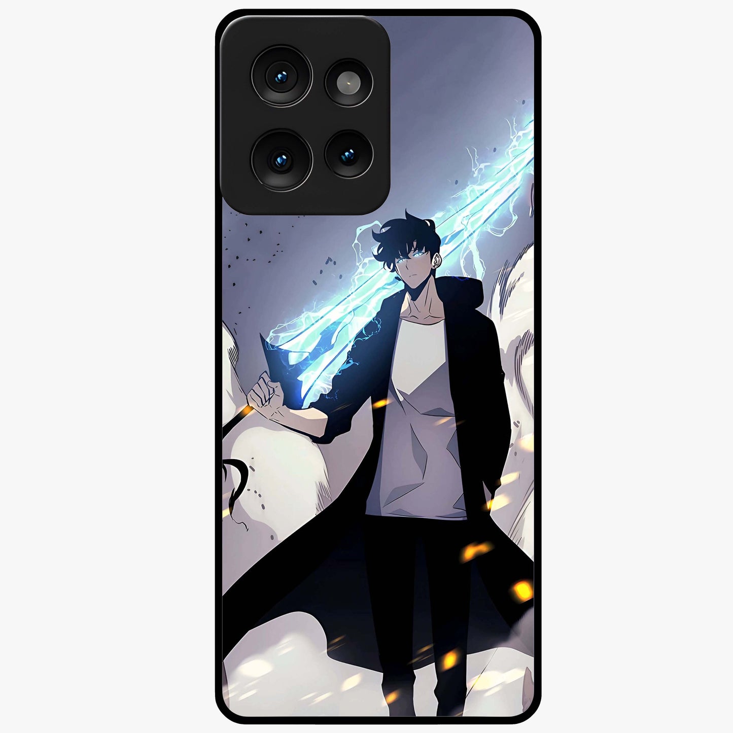Dark Lightning Anime Warrior Glass Case showing flat back view with intense anime warrior artwork and glossy glass finish.