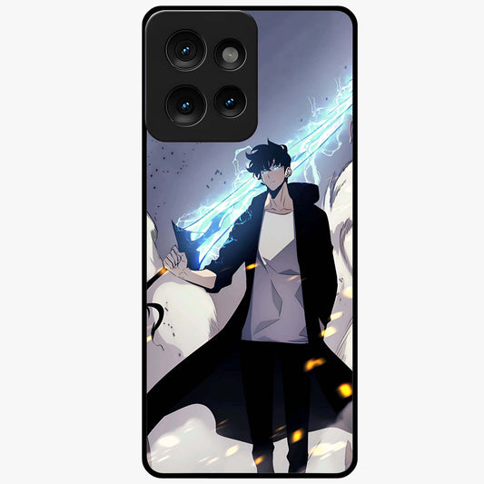 Dark Lightning Anime Warrior Glass Case showing flat back view with intense anime warrior artwork and glossy glass finish.