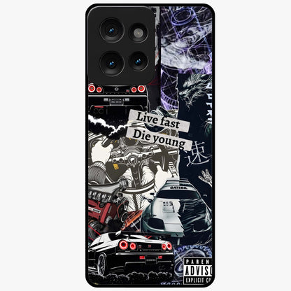 Die Young Glass Case showing flat back view with bold artistic typography design and glossy glass finish.