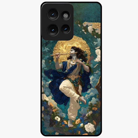 Divine Krishna Art Glass Case showing flat back view with Lord Krishna artwork and glossy glass finish.