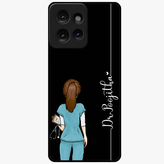 Doctor Pattern Custom Name Glass Case showing flat back view with medical themed pattern and personalized name design.