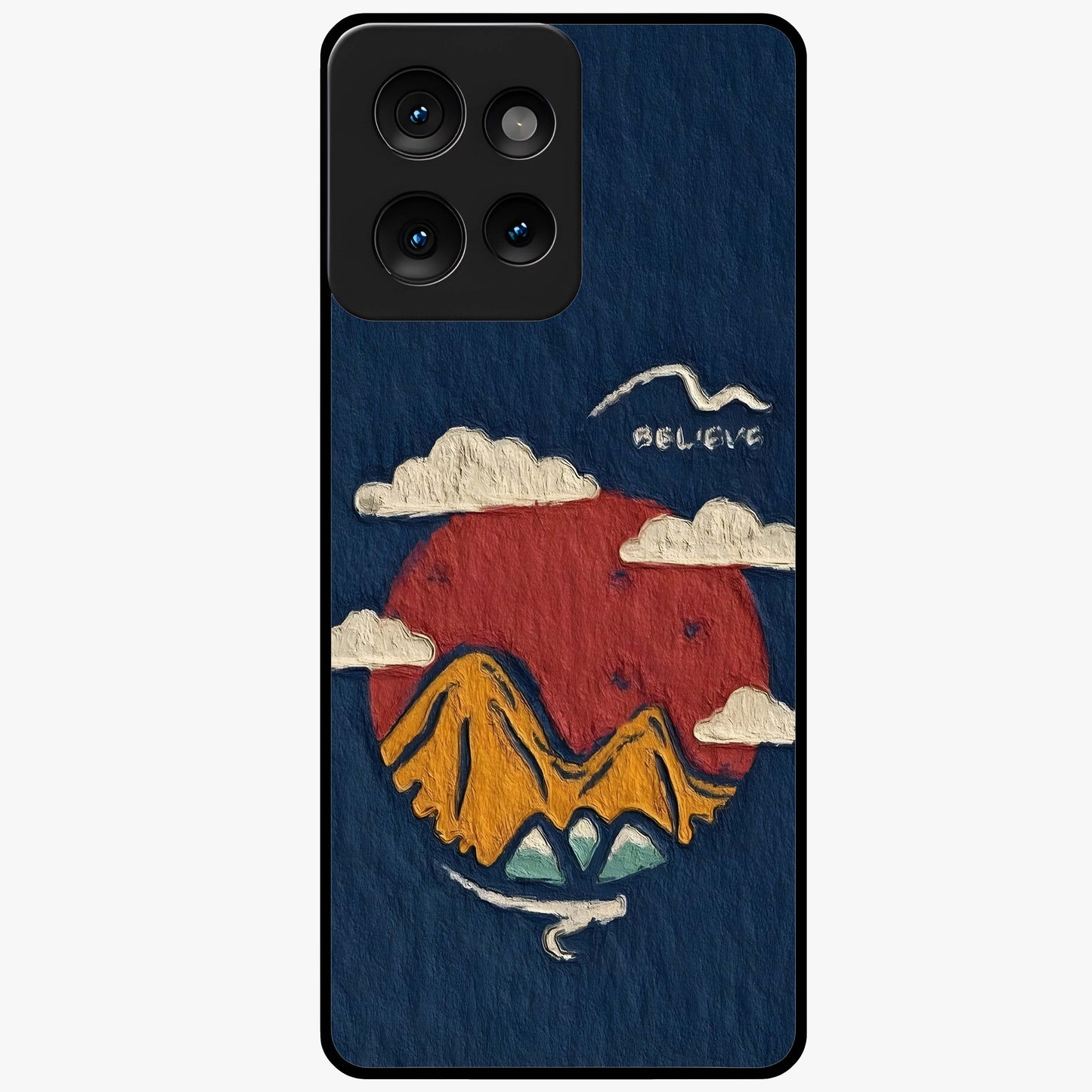 Dream Beyond Mountains Glass Case showing flat back view with scenic mountain landscape artwork and glossy glass finish.
