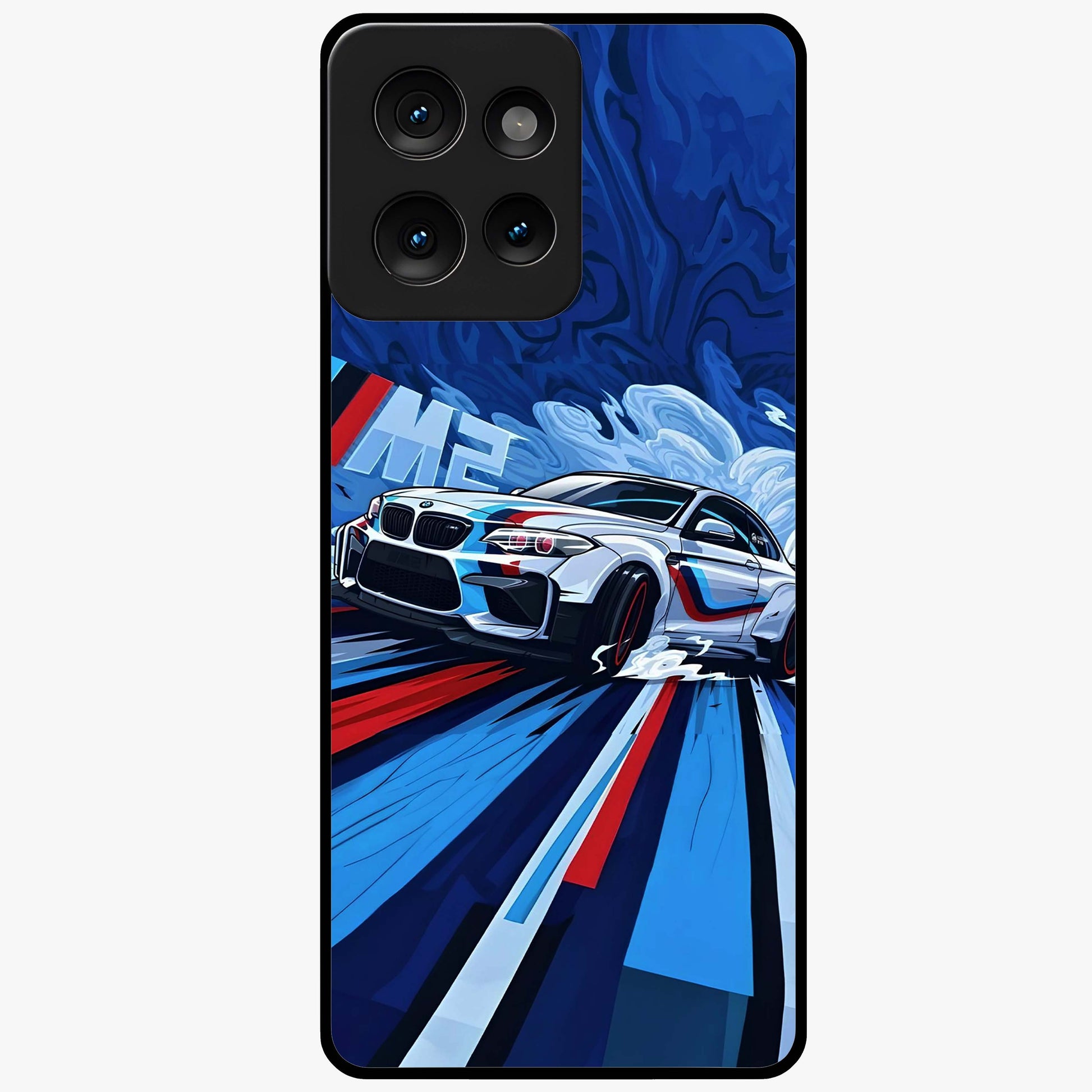 Drift Power Rush Glass Case showing flat back view with dynamic racing inspired artwork and glossy glass finish.