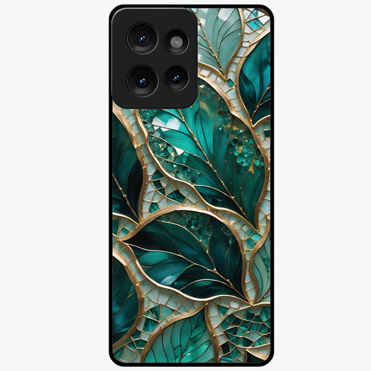 Emerald Leaf Glass Glass Case showing flat back view with emerald green leaf artwork and glossy glass finish.