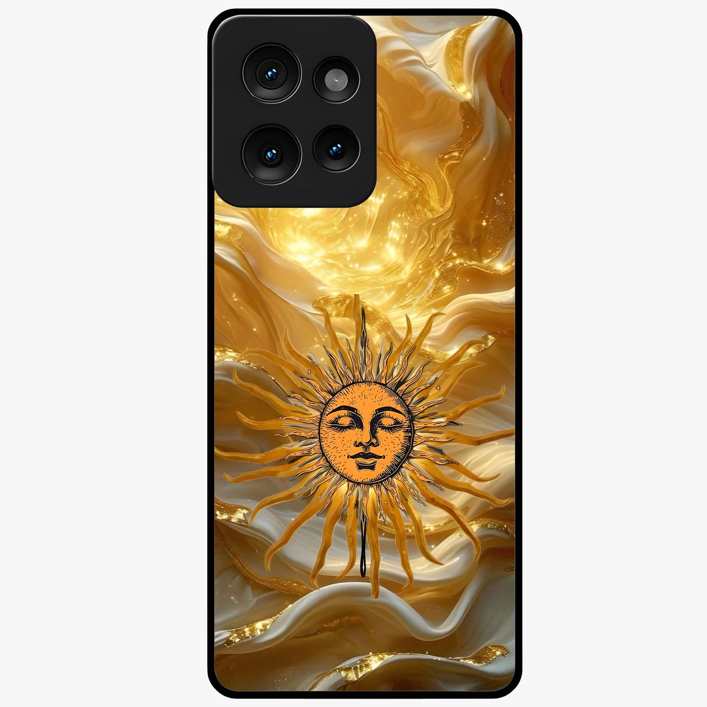 Eternal Golden Glow Glass Case showing flat back view with radiant golden themed artwork and glossy glass finish.