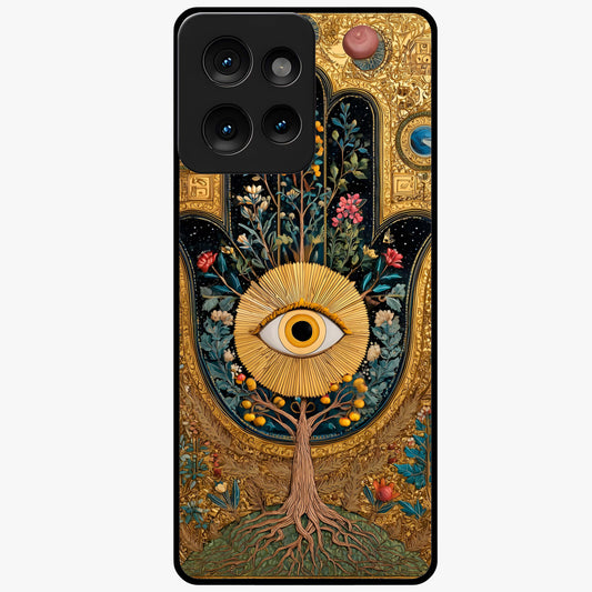 Ethereal Evil Eye Glass Case showing flat back view with mystical evil eye artwork and glossy glass finish.