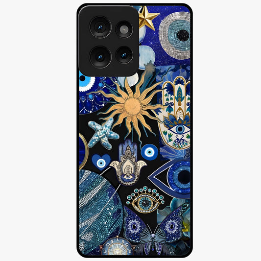 Evil Eye Charm Mix Glass Case showing flat back view with multiple evil eye charms artwork and glossy glass finish.