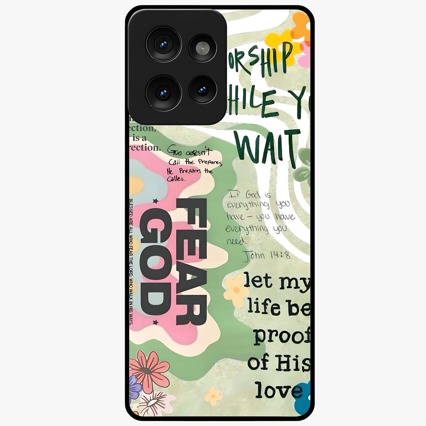 Faith Over Fear Glass Case showing flat back view with motivational typography artwork and glossy glass finish.