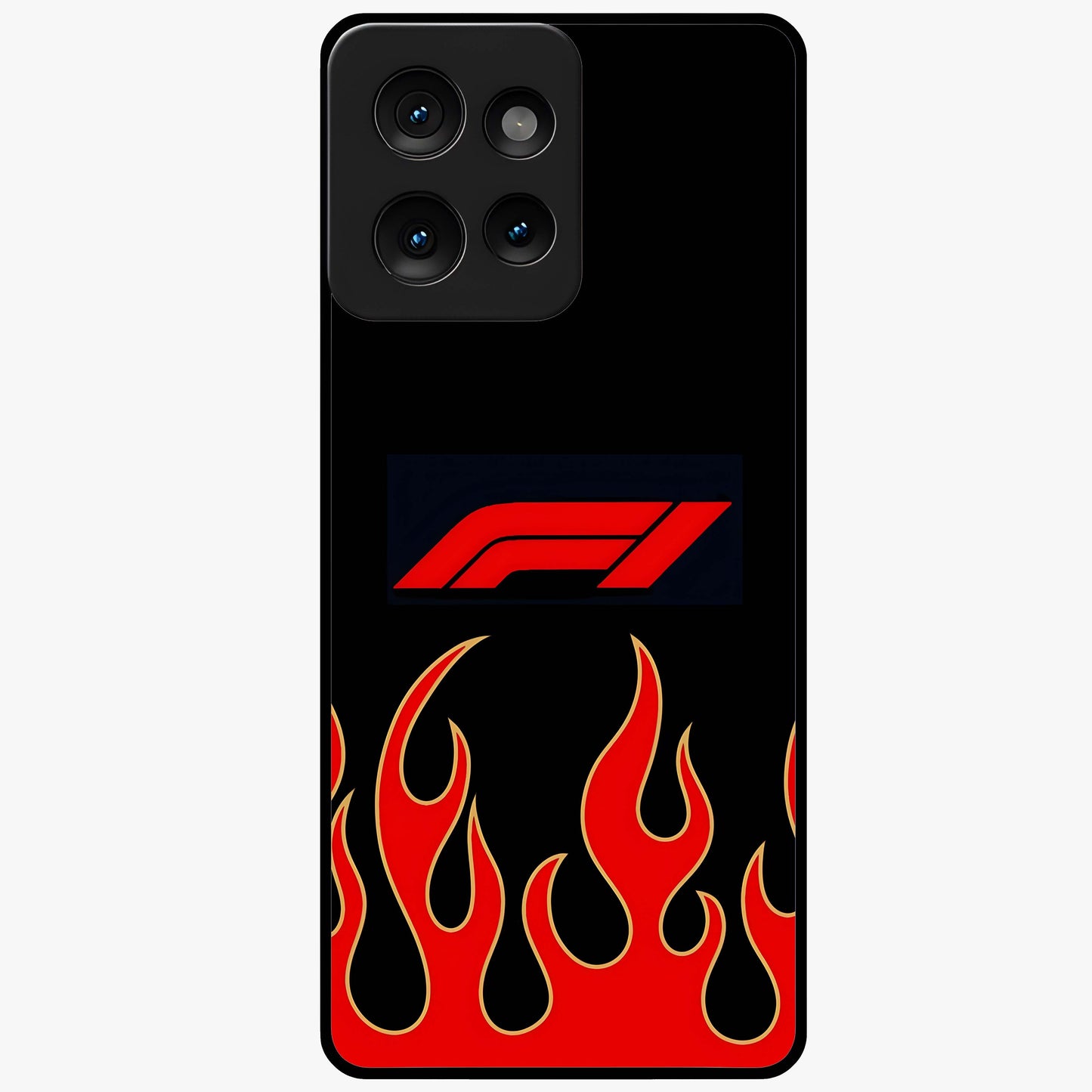 Fire F11 Glass Case showing flat back view with fiery themed artwork and glossy glass finish.