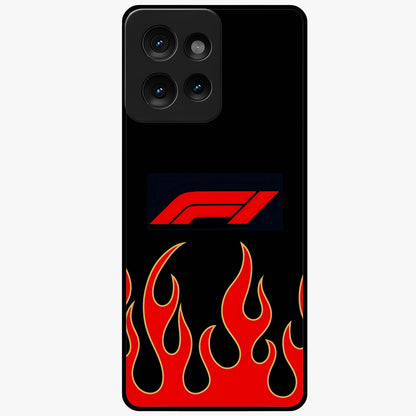 Fire F11 Glass Case showing flat back view with fiery themed artwork and glossy glass finish.