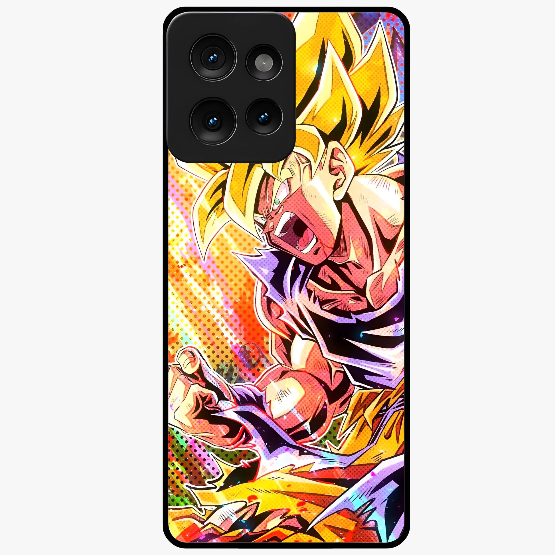 Firing Goku Glass Case showing flat back view with powerful anime inspired artwork and glossy glass finish.