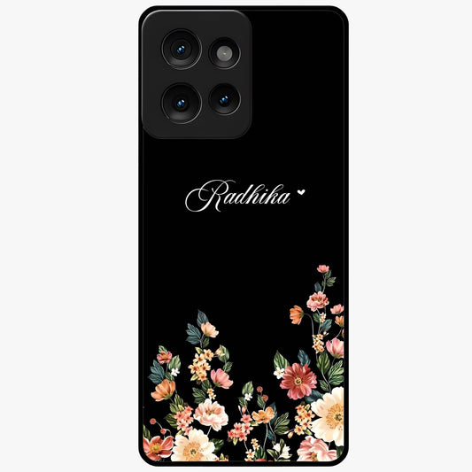 Floral Design With a Custom Personalized Name Glass Case showing flat back view with floral artwork and personalized name design.