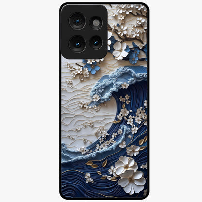 Floral Wave Origami Glass Case showing flat back view with origami inspired floral wave artwork and glossy glass finish.