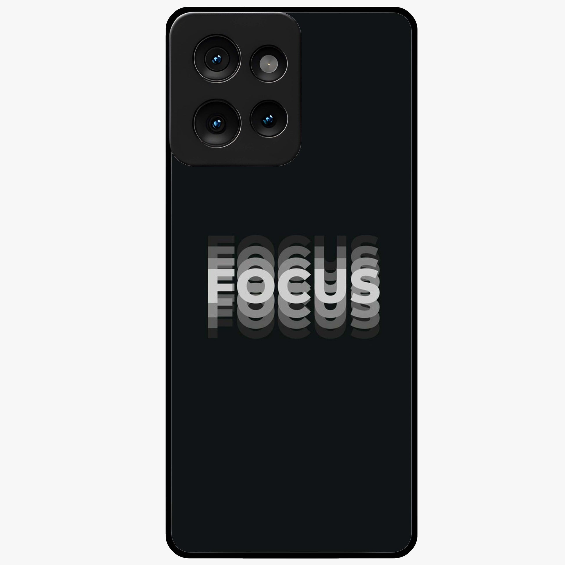 Focus Mode On Glass Case showing flat back view with bold motivational typography design and glossy glass finish.