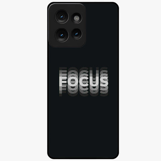 Focus Mode On Glass Case showing flat back view with bold motivational typography design and glossy glass finish.