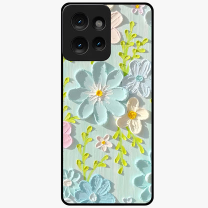 Frosted Petal Garden Glass Case showing flat back view with soft frosted floral artwork and glossy glass finish.