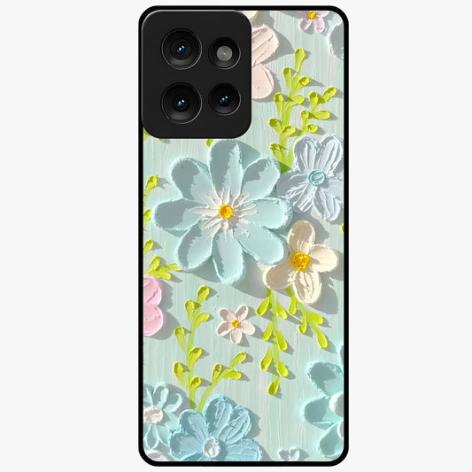 Frosted Petal Garden Glass Case showing flat back view with soft frosted floral artwork and glossy glass finish.