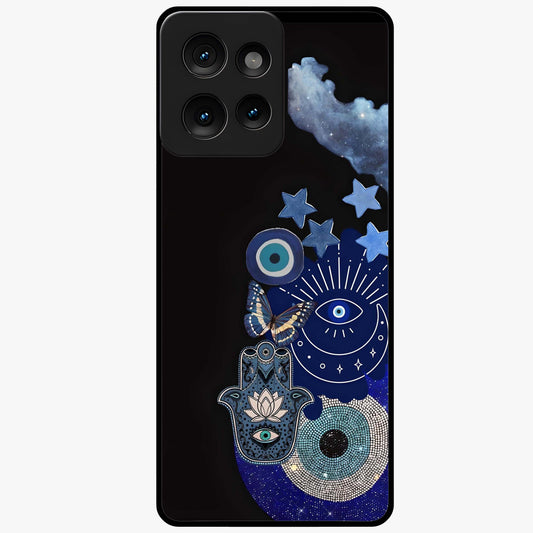 Galactic Charm Cluster Glass Case showing flat back view with glowing celestial charm artwork and glossy glass finish.