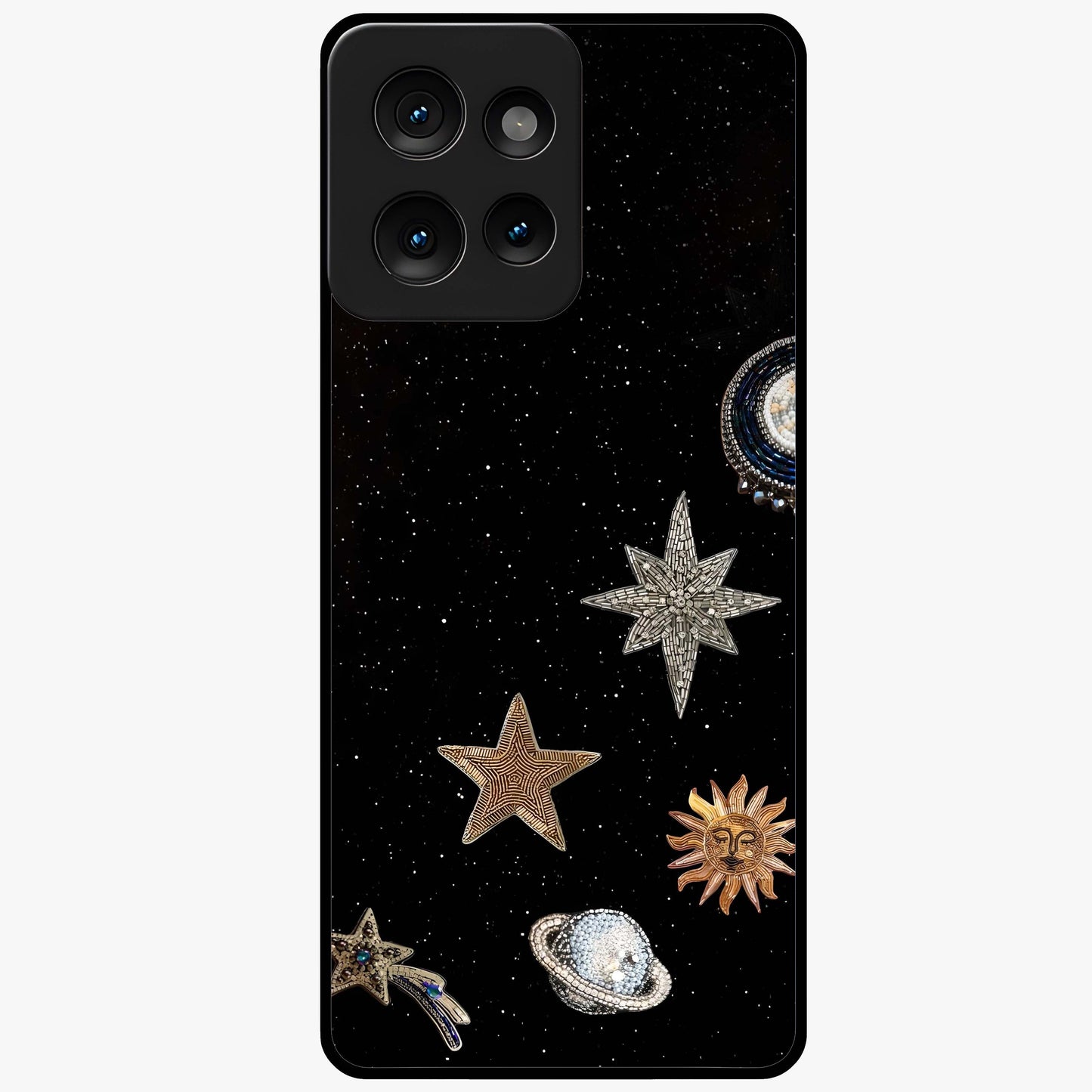 Galactic Charm Glow Glass Case showing flat back view with glowing celestial charm artwork and glossy glass finish.