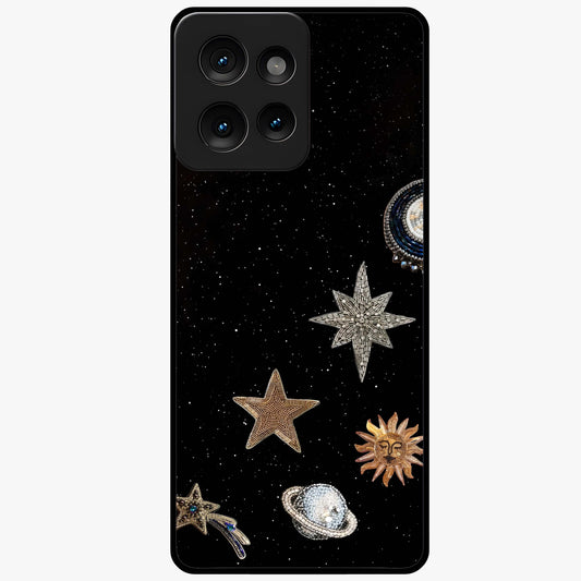 Galactic Charm Glow Glass Case showing flat back view with glowing celestial charm artwork and glossy glass finish.