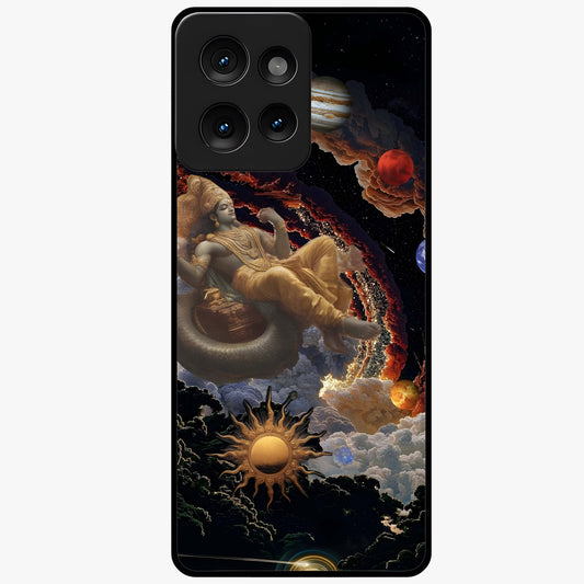 Galactic Divine God Glass Case showing flat back view with divine cosmic themed artwork and glossy glass finish.
