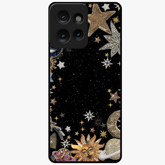 Galactic Jewel Stars Glass Case showing flat back view with sparkling star jewel artwork and glossy glass finish.