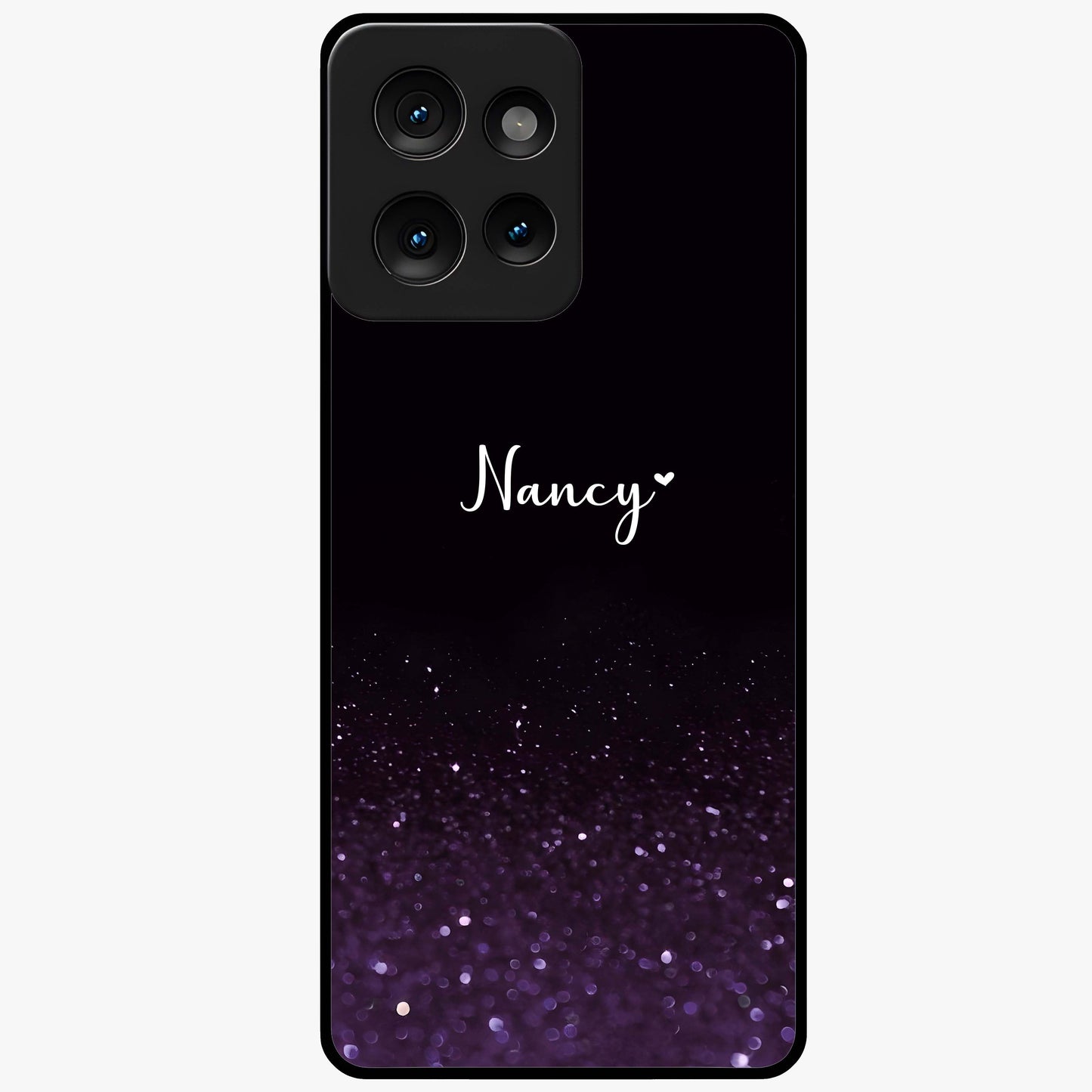Glittery Purple Bokeh Custom Name Glass Case showing flat back view with purple bokeh sparkle artwork and personalized name design.
