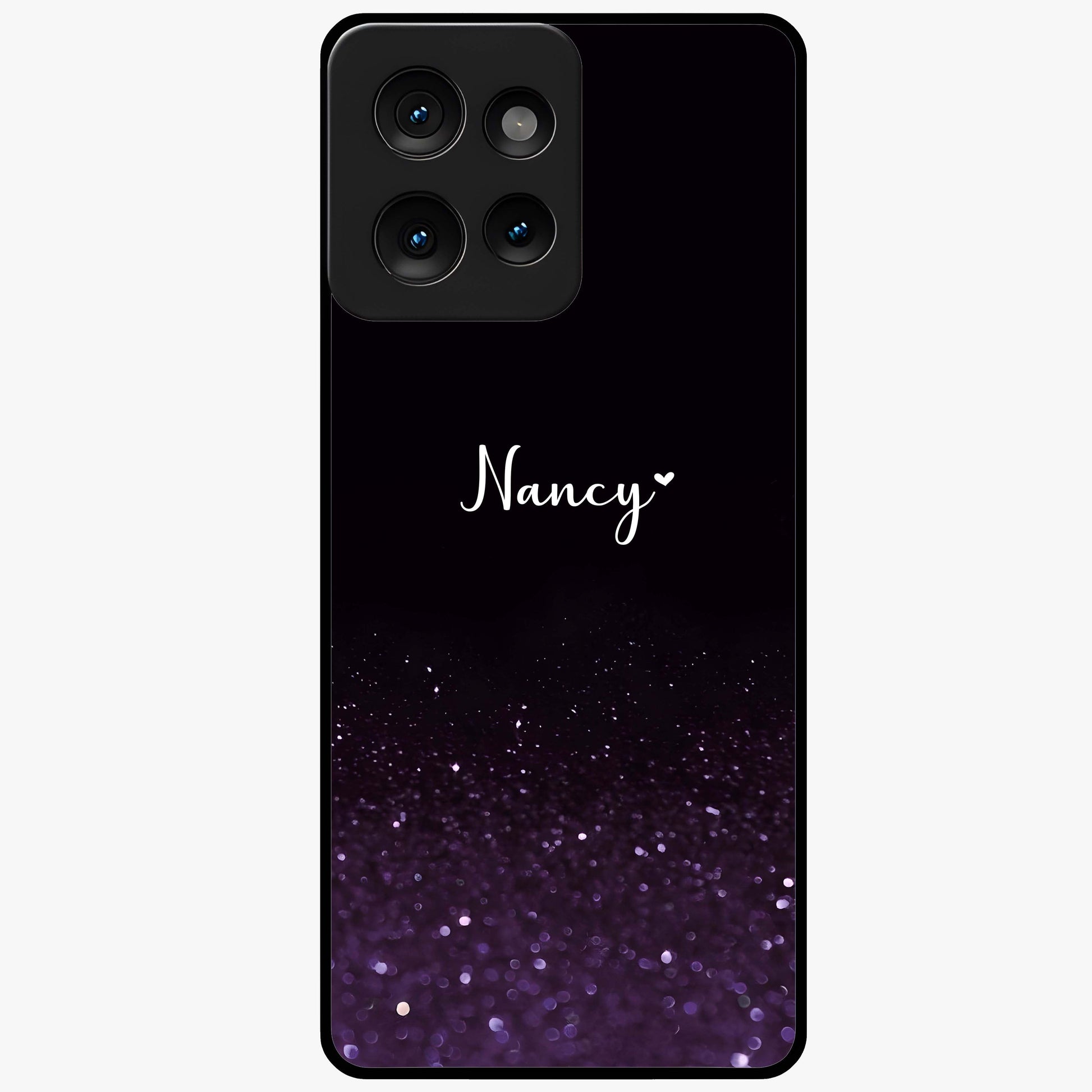 Glittery Purple Bokeh Custom Name Glass Case showing flat back view with purple bokeh sparkle artwork and personalized name design.