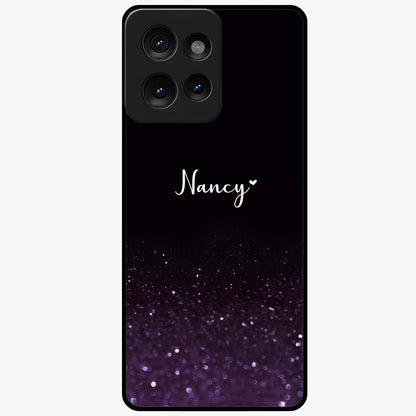 Glittery Purple Bokeh Custom Name Glass Case showing flat back view with purple bokeh sparkle artwork and personalized name design.