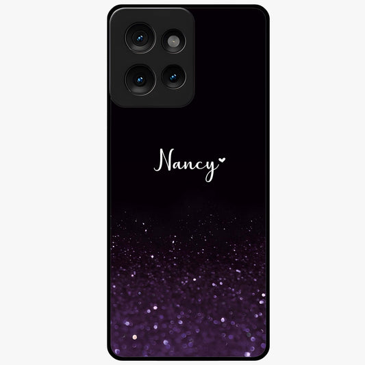 Glittery Purple Bokeh Custom Name Glass Case showing flat back view with purple bokeh sparkle artwork and personalized name design.